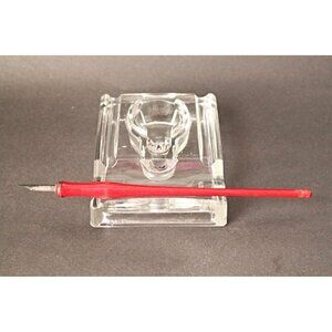 Vintage Ink Well Stand Caddy & Wood Fountain Pen Desk Organizer Office Art Deco